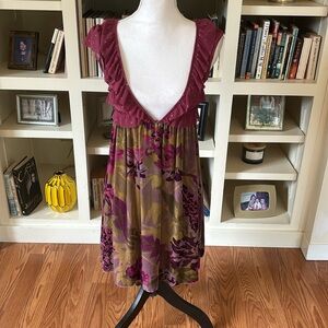 Free People Purple and Green Floral Velvet and Mesh Ruffle Mini Dress Size XS